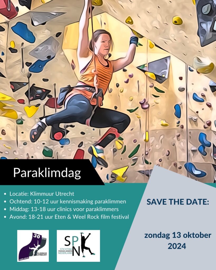 Poster paraklimdag. Op 13 oktober 2024 bij klimmuur Utrecht.